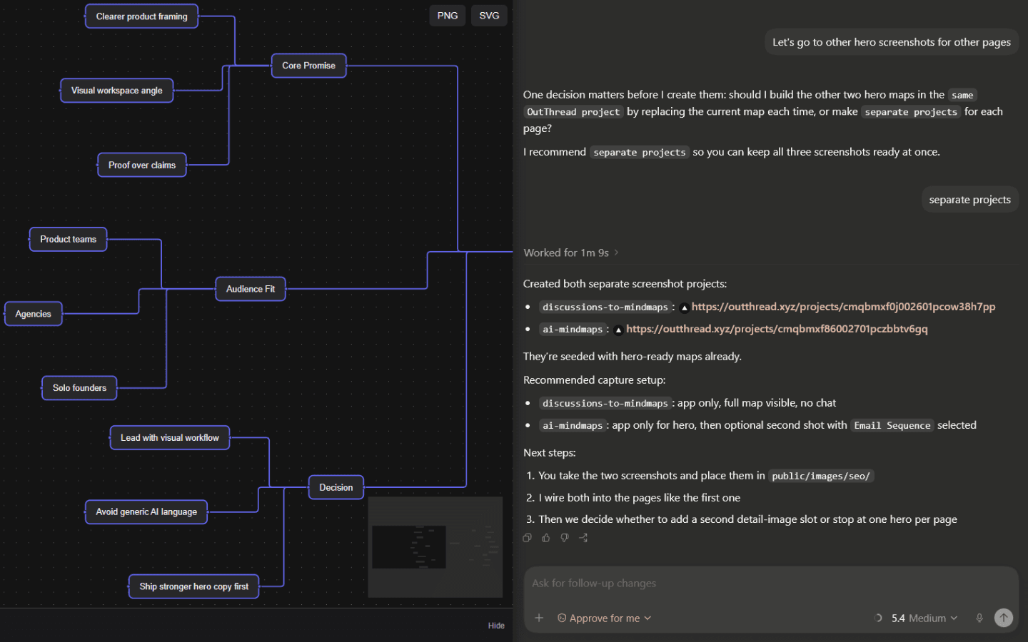 OutThread screenshot showing the SEO Expansion Plan mind map with use-case pages, screenshot brief, internal linking, OG images, risks, next steps, and an agent import status cue.
